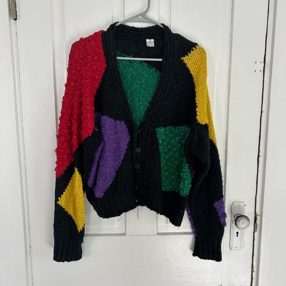 Liz Claiborne Sweaters - VintageLiz Black Knit Cardigan with Red, Green, Purple & Yellow Panels
